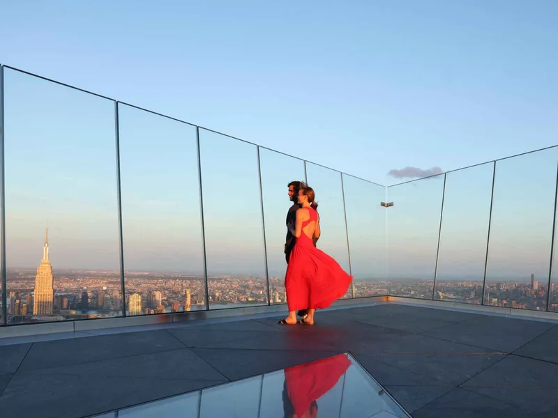 The triangular open-air Edge sky deck jutting over the New York skyline at Hudson Yards